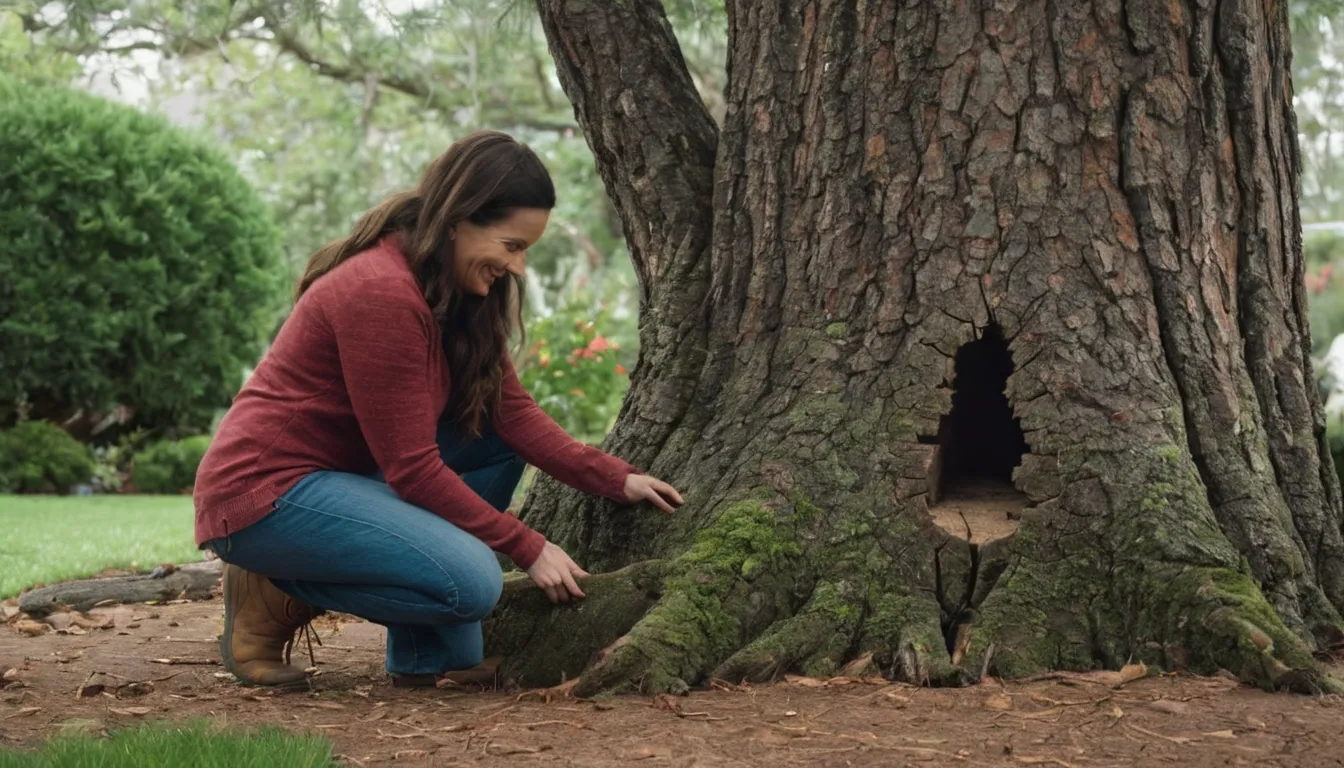 A provider inspecting the base of a tree trunk for early warning signs