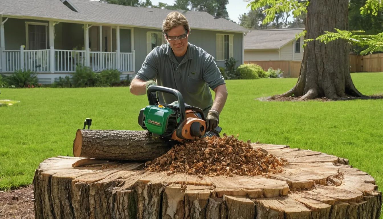 Stump grinder working on a tree stump in a residential backyard in Bowie