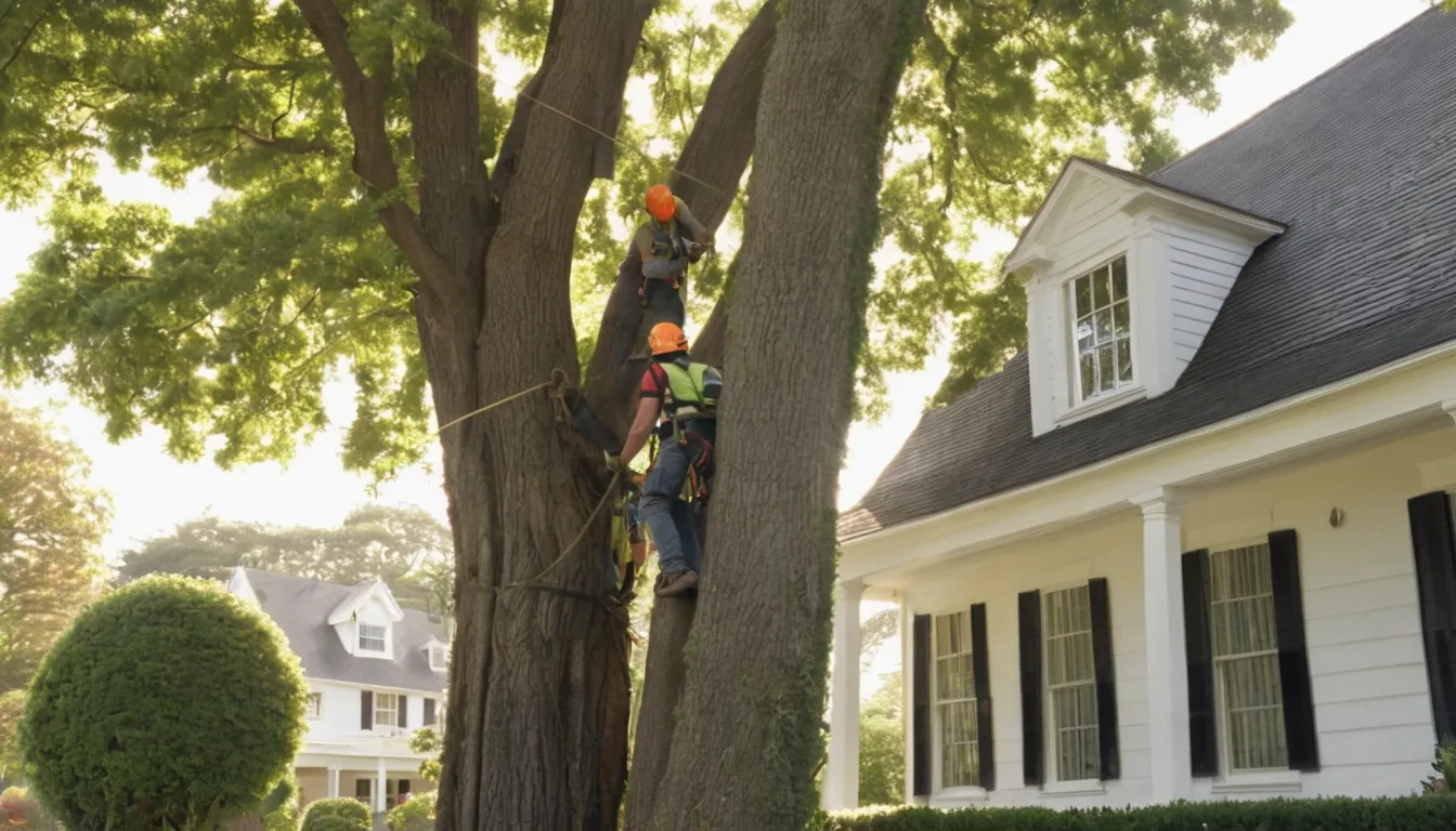 Provider crew carefully lowering a section of a large tree beside a home in Bowie